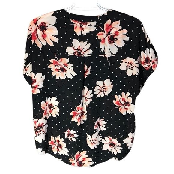 Maurices blouse top size Medium sleeve black Floral polka dot zip - Picture 2 of 3